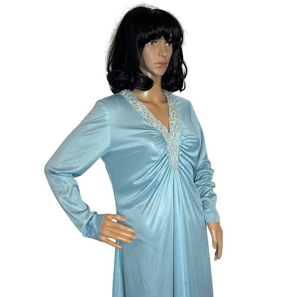 Vintage 60's OOAK unbranded laced V neck blue long sleeved maxi dress small - Picture 3 of 16